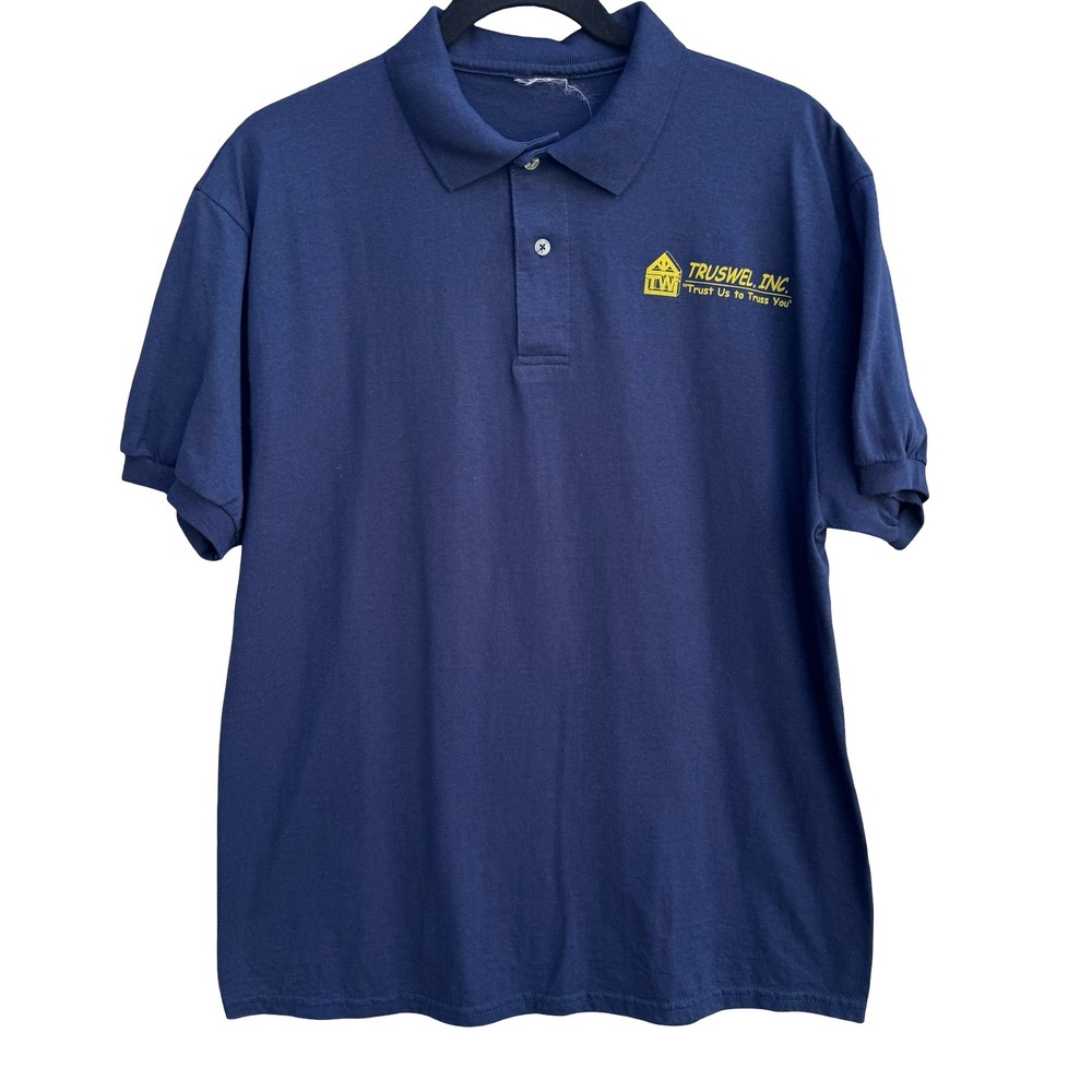 Truswel Trust Us To Truss‎ You Vintage Navy Graphic Polo Shirt Mens L Workwear